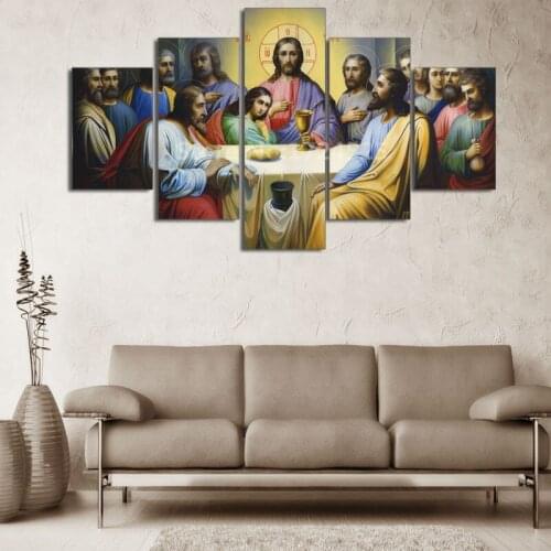 HD Canvas Painting 5 Panels Christian Jesus The Last Supper Prints Home Decoration Pictures Wall Art Home Decor