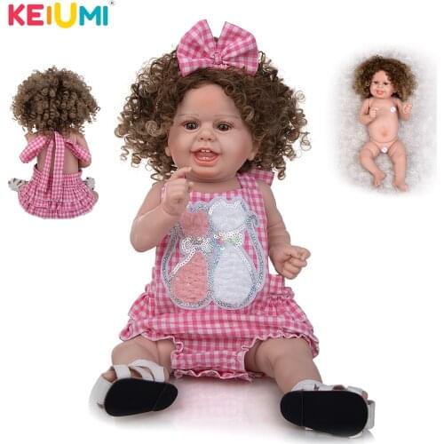 KEIUMI 22 Inch Curly Hair Full Silicone Alive Reborn Baby Doll Pink Bow Dress Up Reborn Doll For Collection Toy