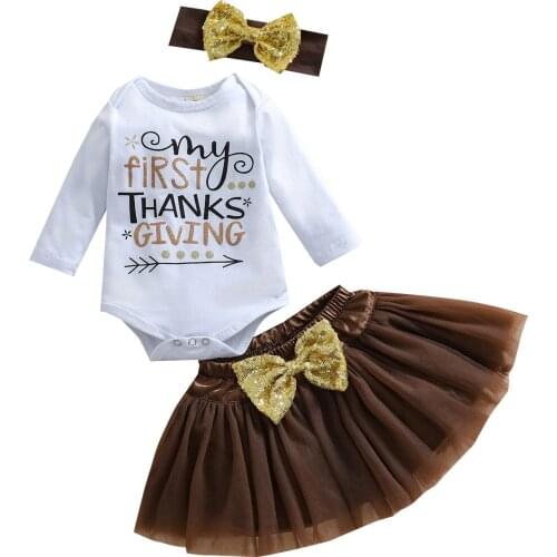 Citgeett Autumn Thanksgiving Day Infant Baby Girls Clothes Set Letter Print Long Sleeve Romper+Short Tulle Skirt+Headband