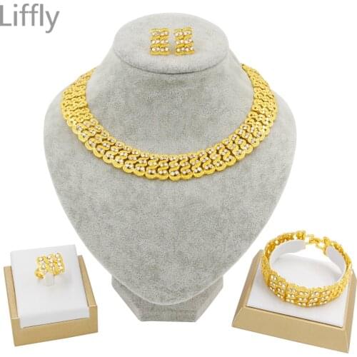 Liffly New Luxury Fashion Gold Necklace Jewelry Ring Bracelet Earrings Women Jewelry Sets Commemorative Day Gift Jewelry