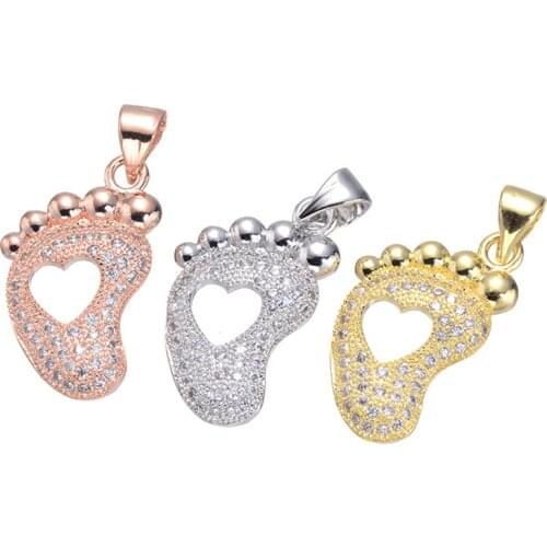 Fashion Zircon Foot Shape Pendant Charms Fit Bracelets Micro Pave CZ Rose Gold/Rhodium/Gold Charm For Jewelry Making CHF282