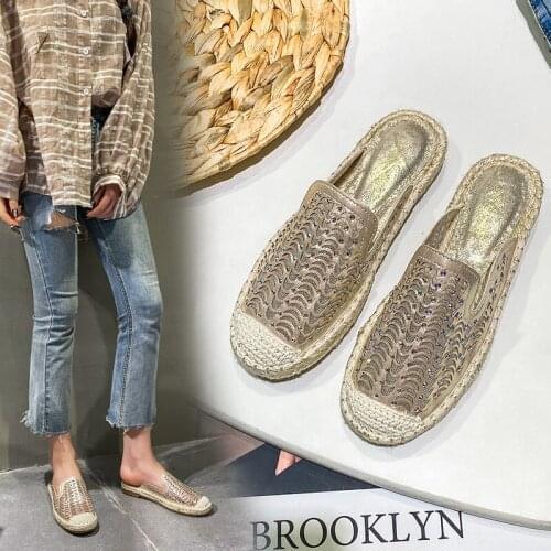 Crystal Slingback breathable mesh mules femme round toe shoes woman slip on hemp espadrilles flats mules shoe women Size 43