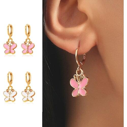 New Fashion Pink Butterfly Earrings For Girls Delicate Enamel Unique Party Wedding Cute Hoop Earrings For Women Party Jewellery