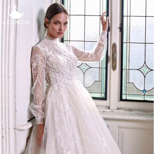 Aedmgh Ball Gown Luxury Wedding Dresses 2021 High Neck Long Sleeve Chapel Train Bridal Gowns Lace Appliques Beaded Bride Dress