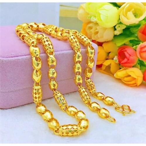 LUXURY FASHION 14K GOLD NECKLACE FOR MEN WEDDING ENGAGEMENT JEWELRY THICK YELLOW GOLD CHAIN JEWELRY CHARMS BEADS NECKLACE GIFTS