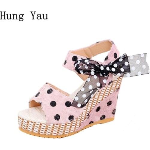 Women Sandals Summer Shoes Fashion Polka Dot Wedges High Heels Peep Toe Lace Up Female Gladiator Platform Breathable Lady