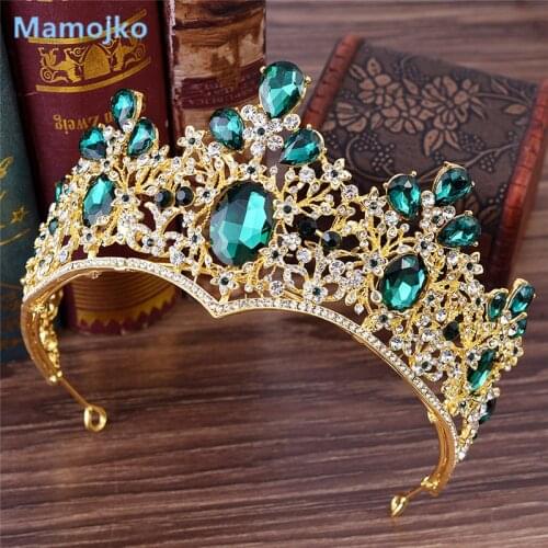 Mamojko European Drop Green Red Crystal Tiaras Vintage Gold Rhinestone Pageant Crowns Baroque Wedding Hair Accessories