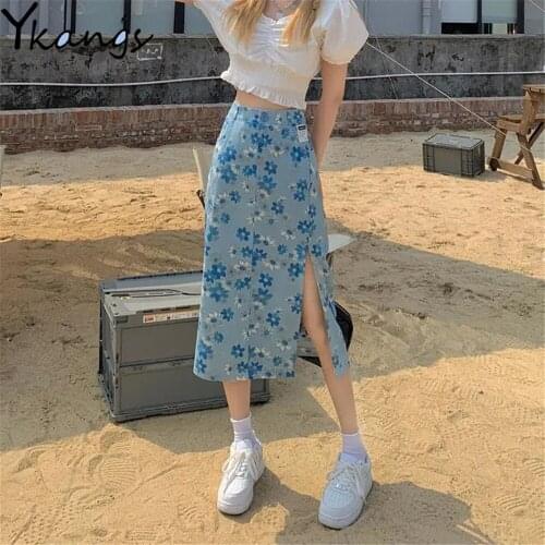 Vintage Blue Flower Print Long Skirt Women Side Slit Button Pockets Elastic High Waist Midi Skirt 2021 Korean Fashion Streetwear