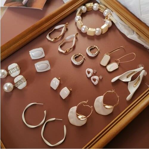 NEW White Geometric Round Square Irregular Hollow Pearlescent Starry Sky Calla Lily Enamel Earrings for Women Girls Gift