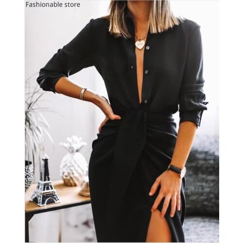 Women 2pcs Suit Elegant Black Long Sleeve Buttoned Blouse and High Waist Ruched Criss-cross Side Slit Midi Skirt Set
