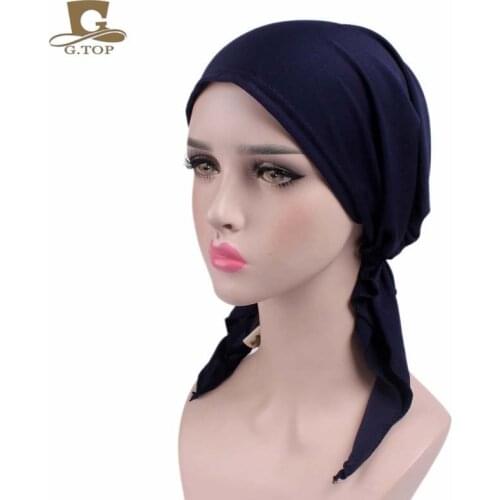 Women Solid Pain stretchy Pre-Tied head Scarf Head wrap scarves Cancer Chemo cap Bandanas Chemo Hat