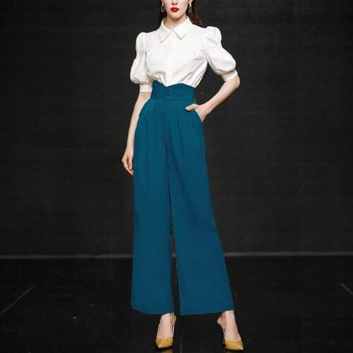 2021 Summer Formal Women 2 Piece Set White Puff Sleeve Turn Down Collar Shirt Top + Hight Waist Strap Wide-Leg Pants Suit