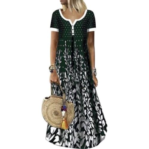 50% Hot Sales Women Casual V Neck Short Sleeve Large Hem Leaves Print Buttons Beach Long Dress