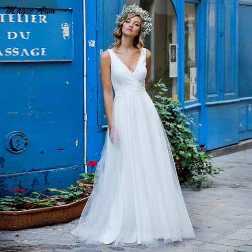 Magic Awn New Beach Wedding Dresses Lace Appliques V-Neck Illusion Boho A-Line Wedding Party Dress Simple Vestidos De Novia