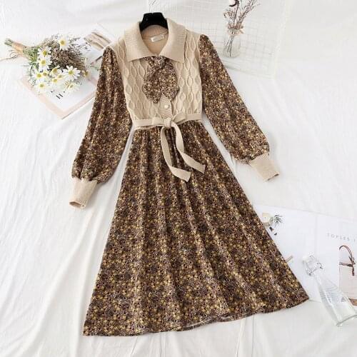 2021 Spring Autumn Womens Dress Casual Elastic Knitted Patchwork Floral Corduroy Mid-Calf Office Lady Bow Sashes Shirt Dress