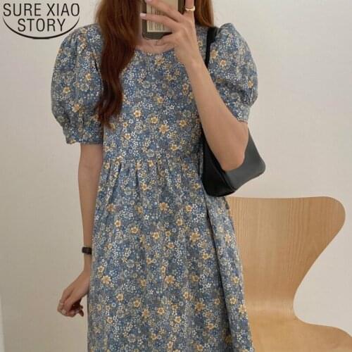 Blue Long Floral Pleat Dress Women Summer Round Collar Vintage Dress Plus Size M-3XL Loose High Waistline Midi Sundress 14539