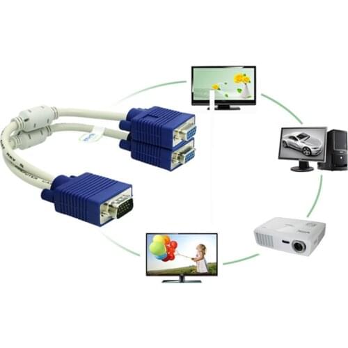 15Pin VGA 1 Male to Dual 2 VGA Female Monitor Y Adapter Splitter Video Cable