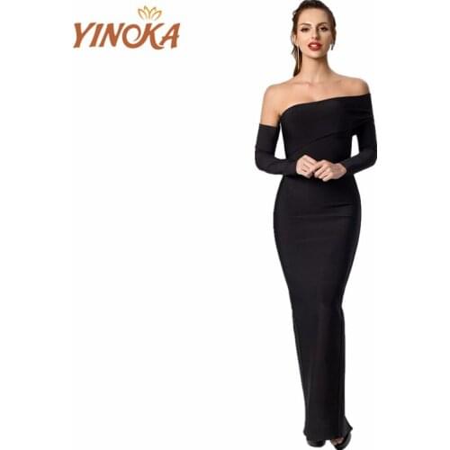 Yinoka bandage dress long sleeve black elegant evening party maxi bodycon dresses club wear wine red
