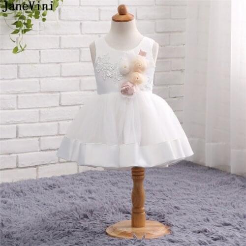 JaneVini White Satin Short Flower Girl Dresses for Weddings Scoop Neck Appliques 3D Flowers A Line Girls First Communion Dress