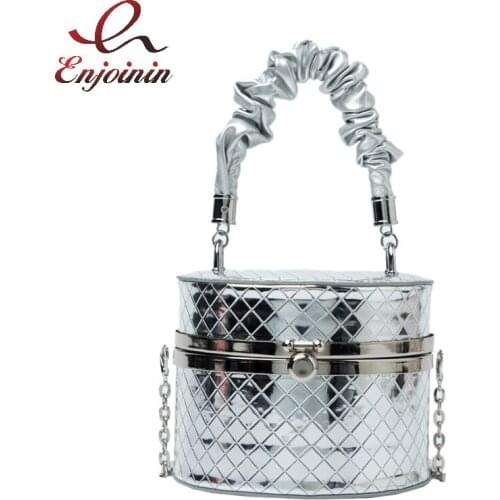 Cylindrical Design Fashion Party Clutch Rhombus Striped Leather Purses and Handbags Pleated Wrist Strap Chain Shoulder Bag 2021