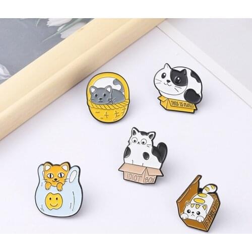 Fat Cat Box Basket Enamel Pins This Is Perfect Bag Brooch Lapel Badge Funny Animal Jewelry Gift For Kids Friends Wholesale
