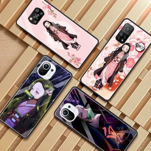 Phone Case For Mi 11i 11 Ultra Note 10 10T Lite 9T Poco X3 NFC M2 F2 Pro F3 X2 Soft Glass Frame Demon Slayer Nezuko Anime
