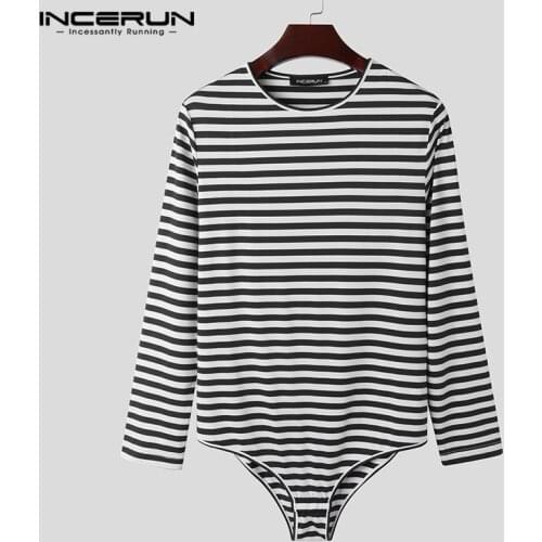 INCERUN Men Striped Bodysuit T Shirts Leisure Long Sleeve Round Neck Homewear Tops Sexy Fitness Rompers Camisetas Man Sexy Tees7