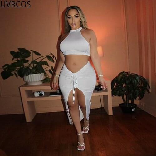 UVRCOS Sexy Two Piece Set Women Summer 2021 New Trendy Vacation Festival Outfits Sleeveless Simple Tops And Shirring Long Skirts