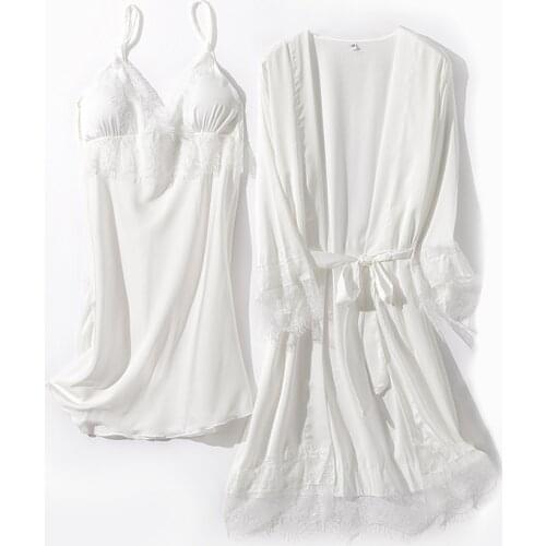 White Bridal Wedding Robe Set Lady Sleepwear V-Neck Intimate Lingerie Sexy Kimono Gown Summer Loose Nightgown&Bathrobe Suits
