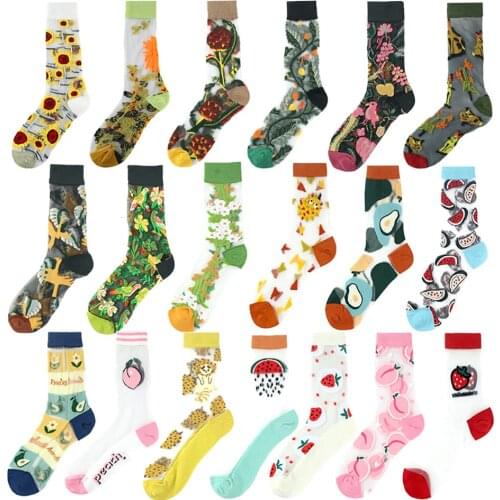 Fashion Harajuku Creative Crystal Silk Tide Socks Sunflowers Vines Flowers Animal Fruit Glass Silk Women Girl Mesh Socks