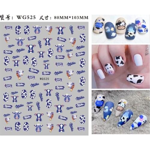 Cartoon nail art sticker for new years blue milk cow dargon cat 3D manicure designer self glue slider nail decal WG063