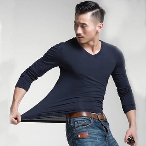 Men Shirt 2020 Autumn Cotton Solid Slim V-Neck Pullover Black Full Sleeve Casual Tops Shirts