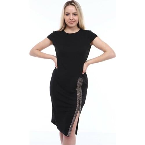 Diaves Front Slit Stone Embroidered Black Bodycon Dress
