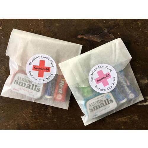 Personalized 2'' wedding bridal shower favor labels envelope seals, tattoo with hangover recovery kit bag stickers favor package