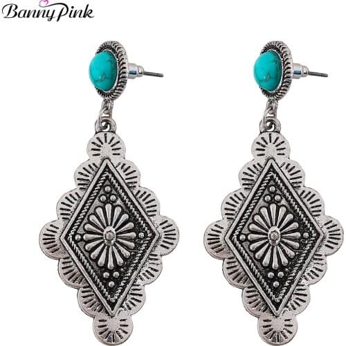 Banny Pink Tribal Carved Pattern Pendant Stud Earrings For Women Vintage Turquoises Post Earrings Large Gypsy Statement Earrings