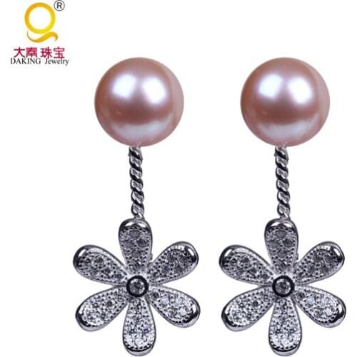 Daking AAA 8mm Round Freshwater pearl silver Stud Earring with Flower Pendant