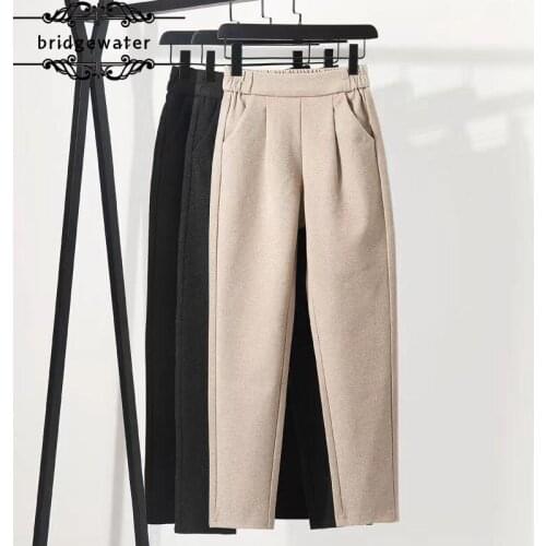 Woolen Pants Womens Straight Carrot Harem Trousers Woman Autumn Winter High-Quality Loose Thin Casual Korean Style Pants