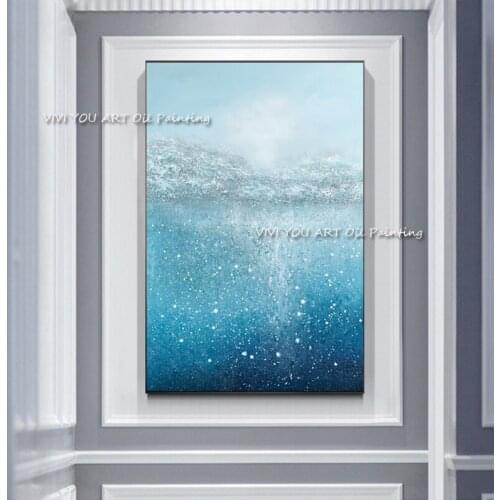 Blue Shinny Sea View Art Paintings Hand Painted Modern Large Abstract Oil Painting on Canvas Picture For Living Room Home Decor