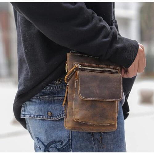 Men Vintage Genuine Leather Waist Pack Bag Shoulder Strap Belt Bag Small Crazy Horse Leather Crossbody bag Belt Phone Pouch