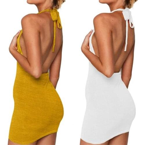 Knitted Solid Color Mini Dress Women Halter Backless Sleeveless Bodycon Dress Streetwear