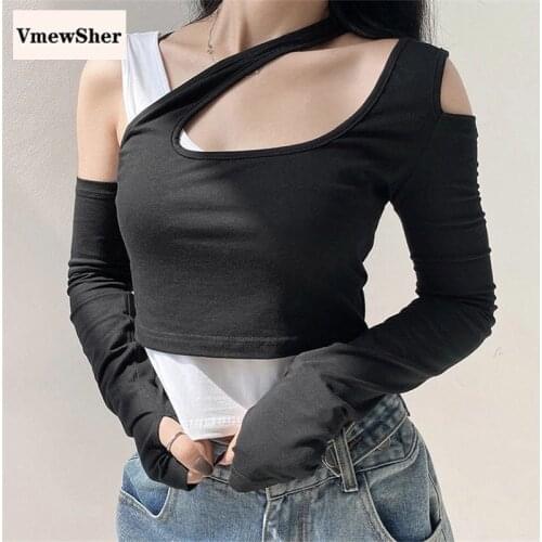 VmewSher New Chic Fake 2 Pcs Women T Shirt Long Sleeve Irregular Neck Crop Tops Female Slim Summer Spring Patchwork Short Tee