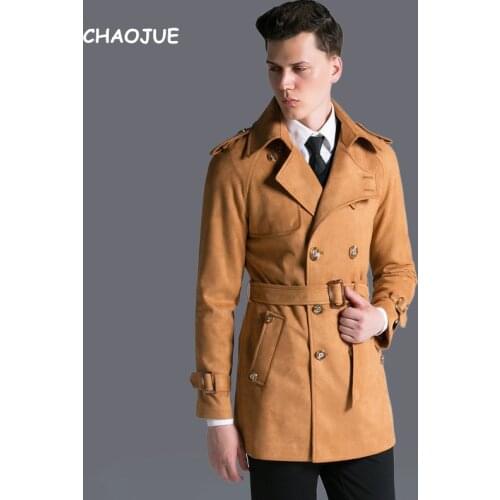 CHAOJUE Brand Suede Coat Mens 2019 Autumn/Winter England Loose Army Green Trench uk Male Causal Suede Fabric Trenchcoat for Sale