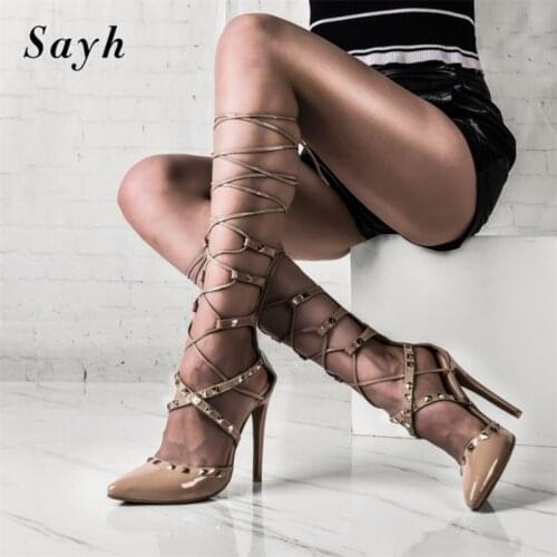 Women Rivet Sandals Ankle Strap High Heel Lace Up Shoes Sexy Pointy Toe High Heels Pumps Party Rome Gladiator Shoes Woman Boots