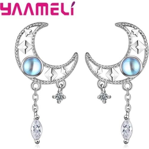 New Trendy Original 925 Sterling Silver Blue Charms Crystal Hollow Moon Cute Tassel Stud Earrings For Women Girls Wife Wedding