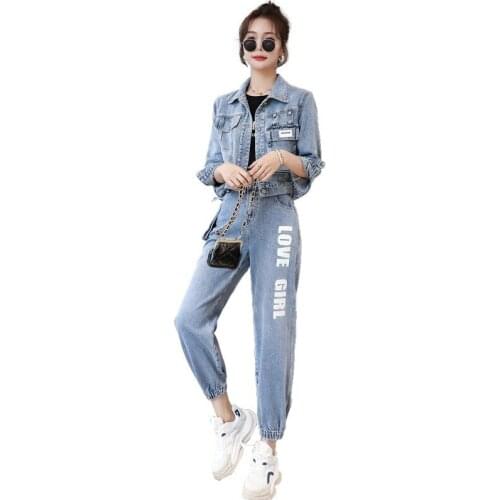 Safari Style Women Cargo Jacket High Waist Harem Jeans 2 Piece Set Personality High Street Female Biker Coat Pants Matching Sets