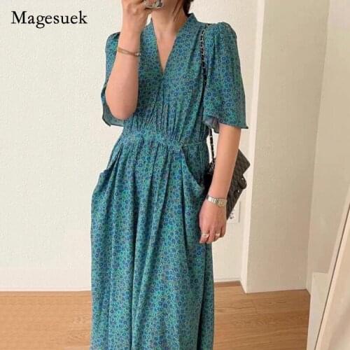2021 Summer Dress V-neck Pocket Waist Dresses for Women Chic Retro Flower A-line Ladies Dress French Style Vestidos New 15236