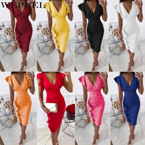 WEPBEL Womens Sexy Ruched Ruffle Bodycon Dress Ladies Elegant Deep V Neck High Waist Slim Fit Pencil Dress