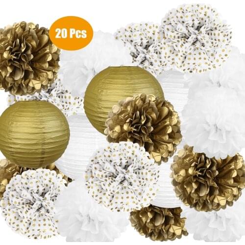 20 Pcs 12“ White Gold polka dot Tissue Paper Ball Pom Poms Paper Lantern lampion for Wedding Babyshower Party Hanging decoration