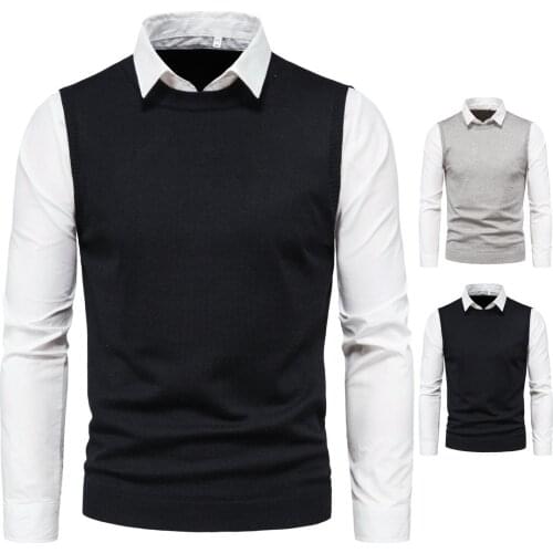 2021 Spring Autumn Mens Sweater White Lapel Shirt Vest Fake Two Piece Sweaters