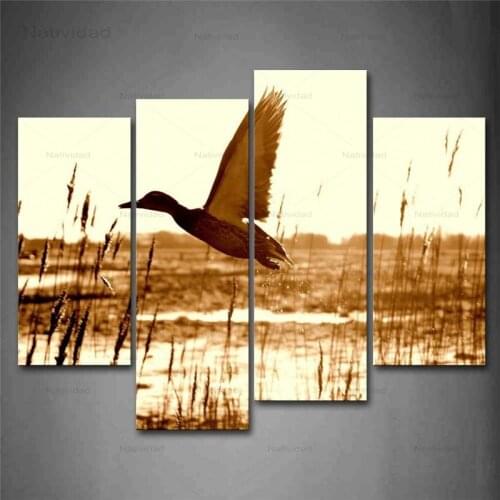 Canvas Photo Prints Brown Duck Fly Upon River 4 Pieces Animals Wall Art Pictures Paintings Wall Decorations for Home Room